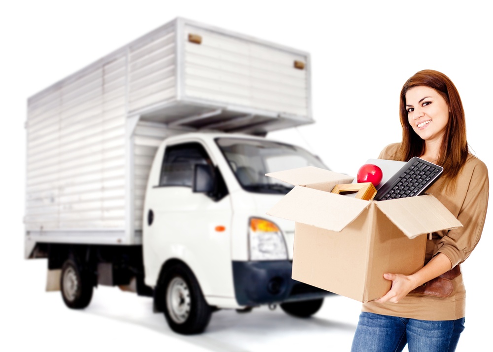 Woman changing house and hiring a moving service - isolated Woman changing house and hiring a moving service - isolated